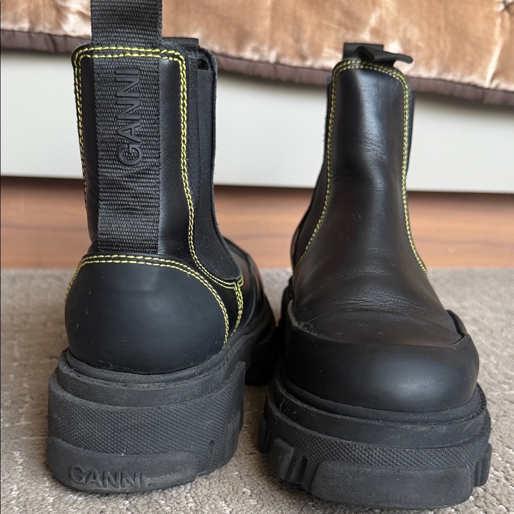 GANNI Black Boots with Green Stitching